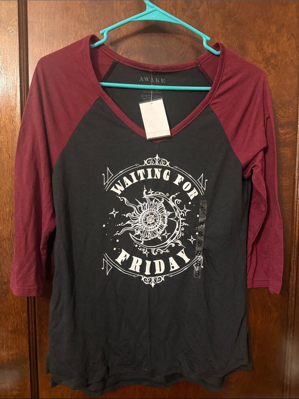 AWAKE Black and Burgundy 'Waiting for Friday' V-Neck Raglan Tee